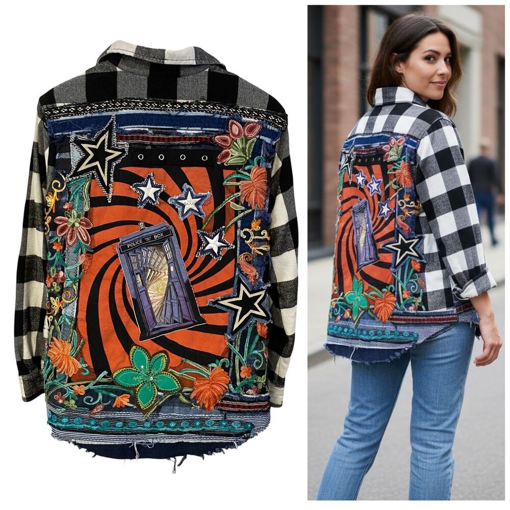 Upcycled Flannel Shirt Shacket Womens XL Dr Who Tardis Custom Grunge Skater Rock - Picture 7 of 14
